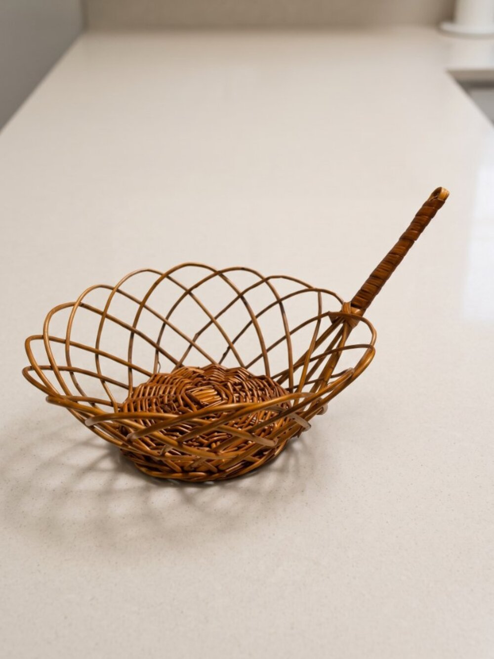 Vintage Yugoslavia Woven Wicker Fruit Basket Long Handle Boho MCM 10"